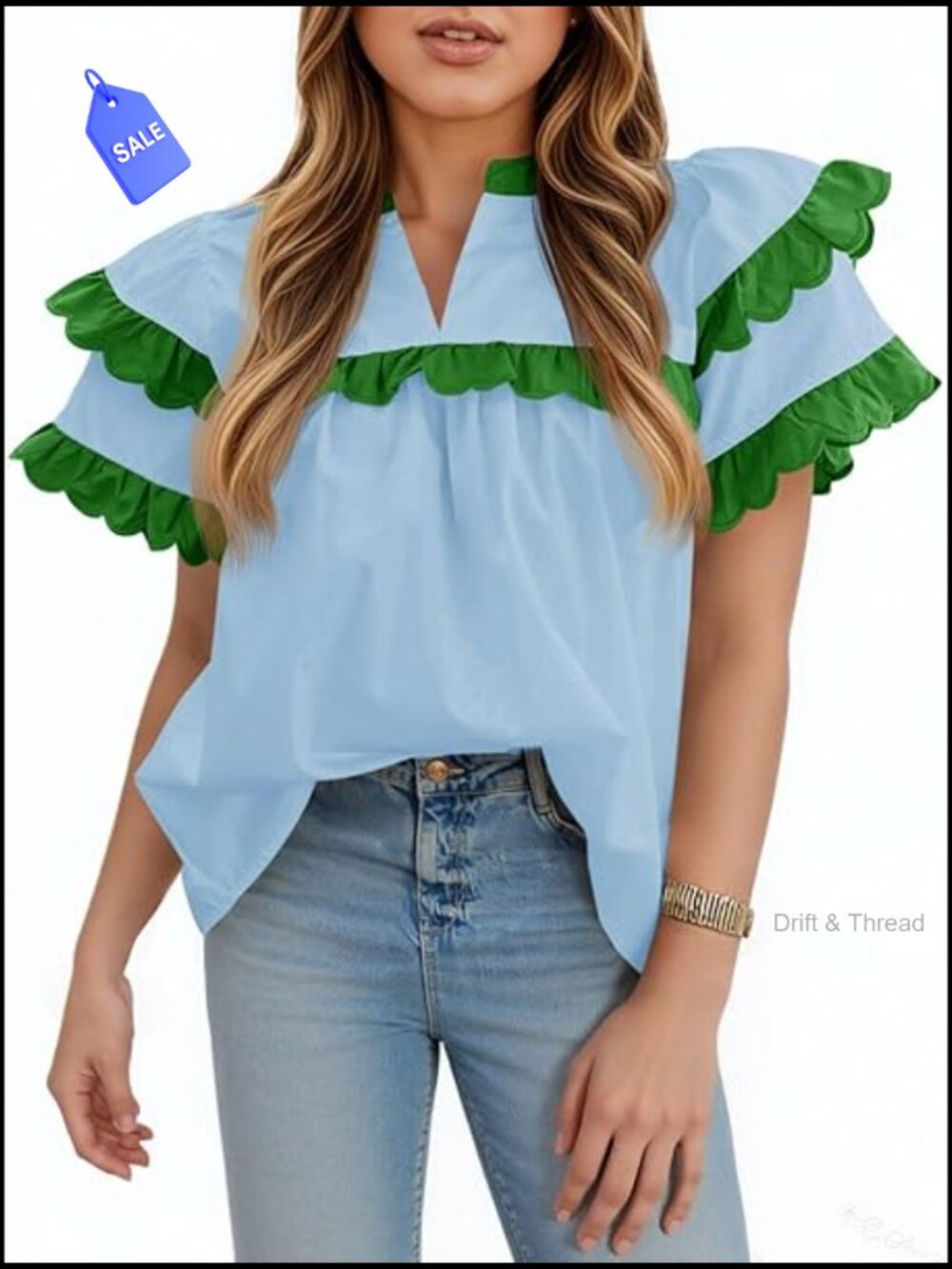 Ruffle Sleeve Babydoll Top Color Block V Neck Pleated Blouse Dressy Casual